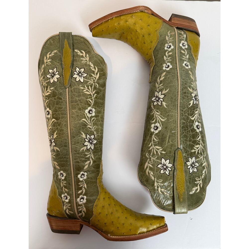 Texas Country Boots 5.5 Green Ostrich Embroidered Rhinestone Tall Western